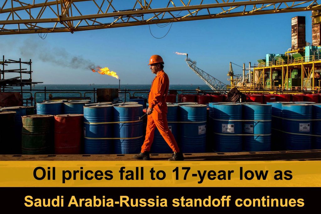 Oil prices fall to 17-year low as Saudi Arabia-Russia standoff continues