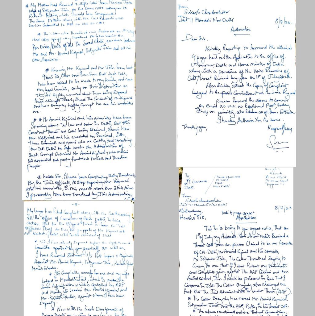 sukesh-claims-lawyer,-mother-threatened-by-kejriwal-&-satyendar-jain’s-wife