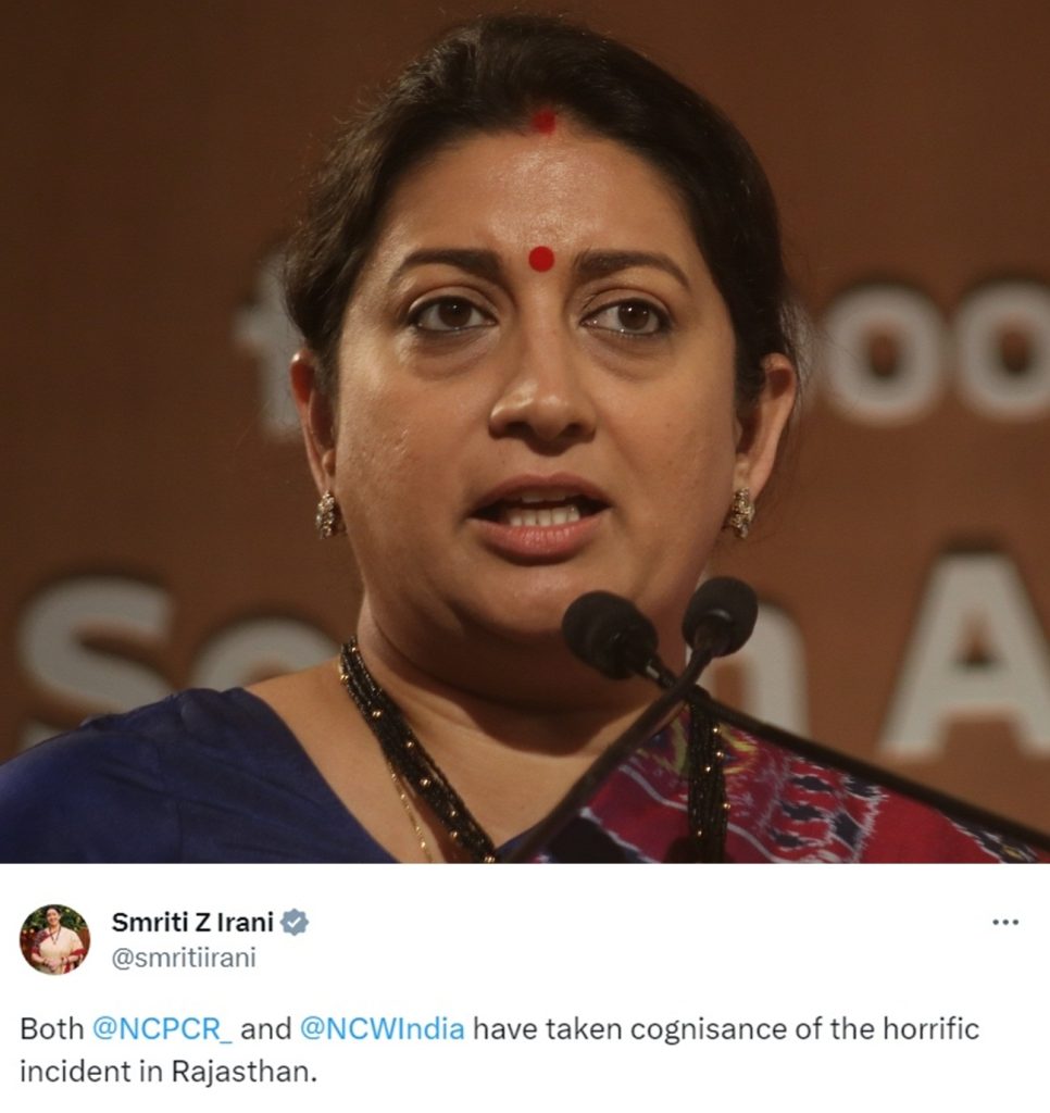 NCPCR, NCW take cognizance of horrific incident in Raj: Smriti Irani ncpcr,-ncw-take-cognizance-of-horrific-incident-in-raj:-smriti-irani
