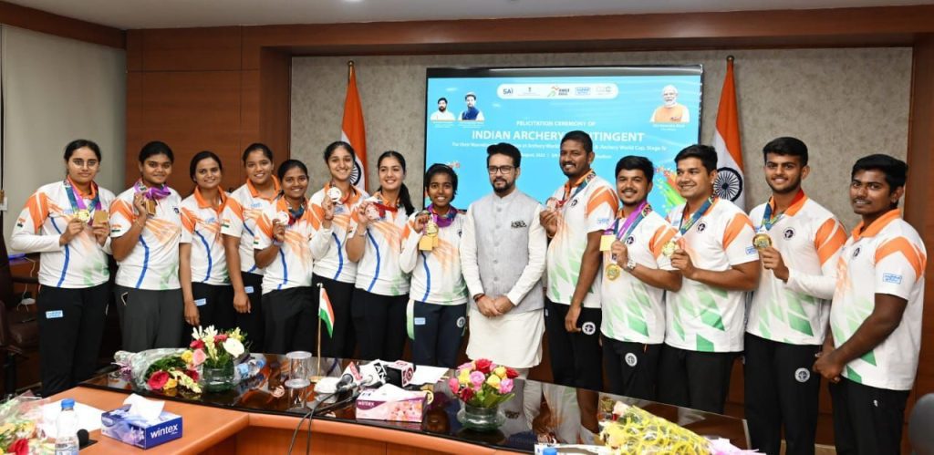 Sports Minister Anurag Thakur felicitates medal-winning compound and recurve archers sports-minister-anurag-thakur-felicitates-medal-winning-compound-and-recurve-archers