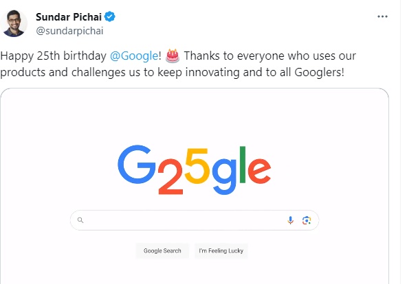 Google turns 25, Pichai shares Doodle thanking firms’ product users google-turns-25,-pichai-shares-doodle-thanking-firms’-product-users