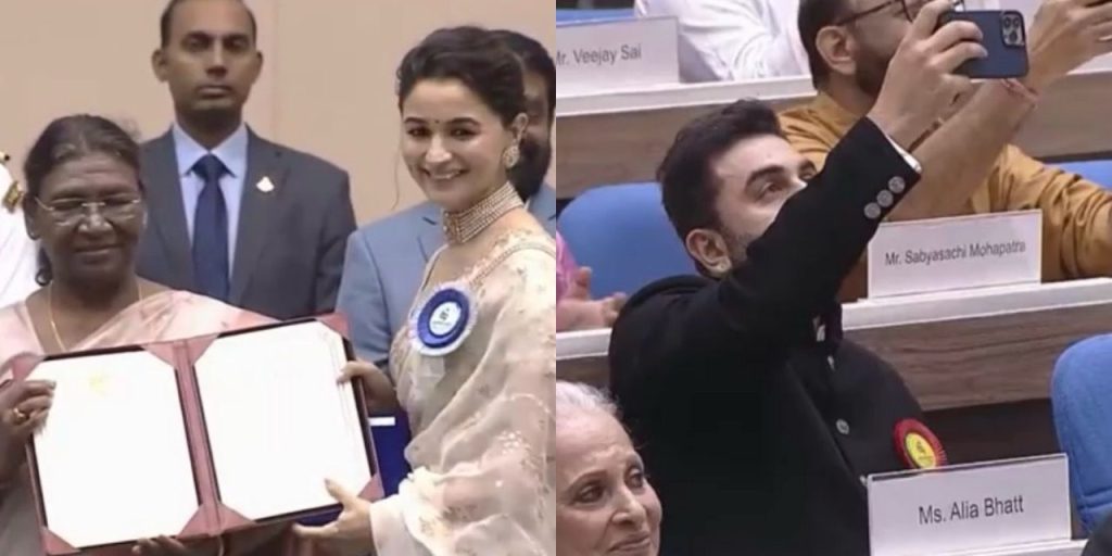 alia-bhatt-wears-wedding-saree-for-69th-national-film-awards;-hubby
-ranbir-films-her-as-she-accepts-honour