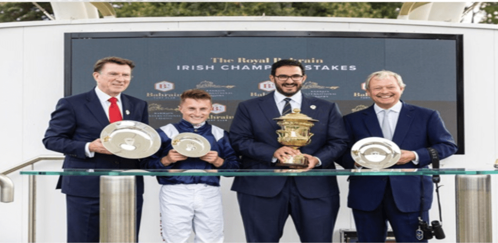 HH Shaikh Isa bin Salman bin Hamad Al Khalifa attends the Royal Bahrain Irish Champion Stakes at Leopardstown